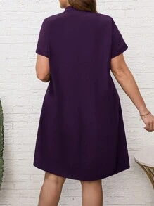 EMERY ROSE Women's Plus Size Purple Summer Dress: Short Sleeve, Notch Neckline, A-Line Cut - Purple - View 2