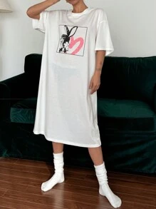 DAZY Loose Cartoon Print Nightshirt Pajama - White - View 6