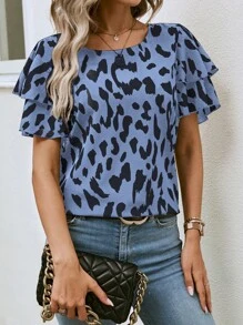 EMERY ROSE Women Leopard Print Ruffle Hem Round Neck Short Sleeve Blouse