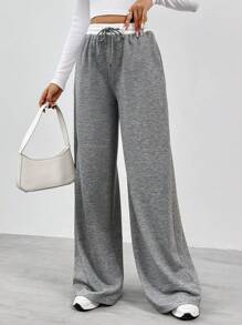 SHEIN Tall Women's Contrast Color Waist Wide Leg Pants - Dark Grey - View 4