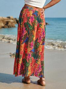 SHEIN VCAY Plus Size Boho Floral Print Skirt, Holiday Style, For Summer - Multicolor - View 2
