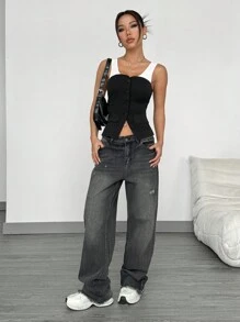 SHEIN EZwear Women's Contrast Color Single-Breasted Casual Loose Strap Tank Top - Black and White - View 4
