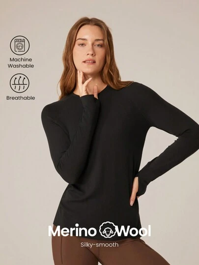 GLOWMODE 羊毛柔软加厚修身齐臀长袖基本款 T 恤带拇指孔健身瑜伽日常