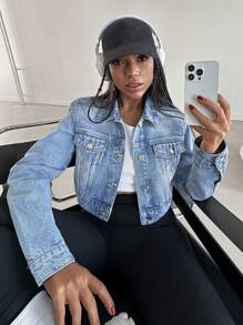 EURMUSE CROP LGHT WASH DENIM JACKET SIMPLE FASHIONABLE DAILY CASUAL