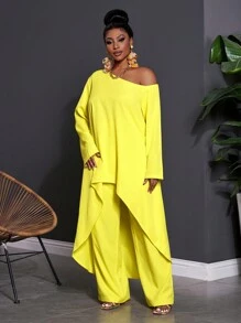 Slaydiva Plus Size New Minimalist Western Style Yellow Crop Top And Wide-Leg Pants 2 Pieces Set, Casual Asymmetric Long Sleeve Loose Top And Trousers Outfit, Suitable For Spring/Summer Fall Cloth For Women - Yellow - View 6