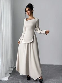 Modelyn Modest Casual Contrast Trim Asymmetric Neck Top And Mini Skirt Set For Women 2 Pieces Set - Beige - View 3