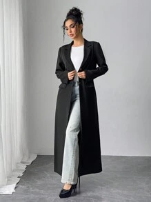 Seusyu 秋冬女士休闲长款黑色西装外套 - 黑色 - 查看 6