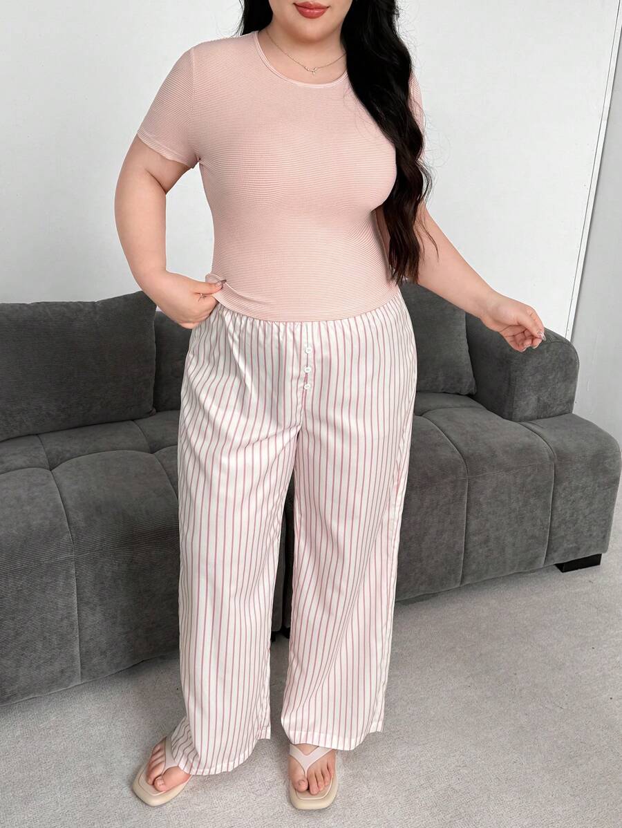 Flirla Plus Size Women Pink Striped T-Shirt And Pants 2 Pieces Casual Street Wear Set - Pink - View 1
