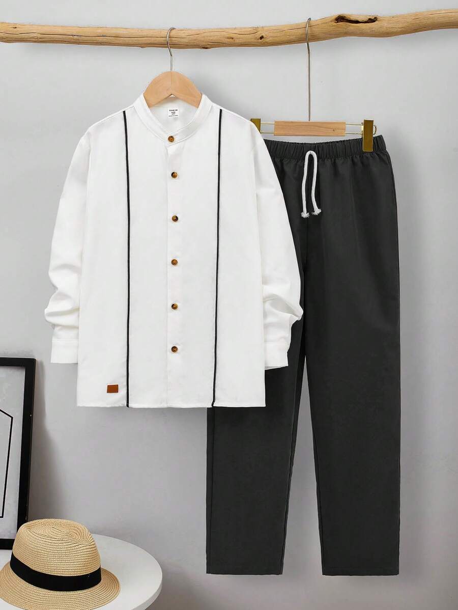 SHEIN Leap Crew 2pcs Tween Boys Collared Long Sleeve Shirt And Pants Set, Suitable For Autumn - Grey - View 1