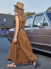 SHEIN Braunes A-Linien-Kleid mit Rüschenbesatz und quadratischem Ausschnitt für Tween-Mädchen, neue Frühjahr/Sommer-Kollektion 2025, geeignet für den Sommerurlaub, den Alltag, Ausflüge und gesellschaftliche Veranstaltungen