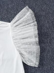 SHEIN 女士圆领、扎染拼布、波尔卡圆点、植绒、透明、双层、荷叶边袖、合身、下摆修边衬衫，适合外出和居家，优雅女士 T 恤（妈妈和我搭配的服装 - 2 件单独出售）