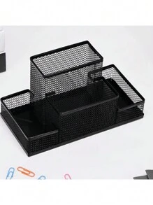 1 Pack Desk Organizer Desktop Mesh Pen Pencil Holder Caddy With 4 Compartments, Office Home School Classroom Accessories Cool Supplies Black Back To School