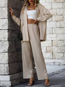 SHEIN LUNE Chất rắn Nút phía trước Áo sơ mi & Quần ống rộng - Màu Khaki - Xem 5