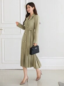 DAZY 1 pièce Robe à manches longues à col cranté double boutonnage de couleur unie pour femme, style urbain, volant