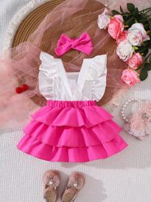 SHEIN Baby Girl Cute Casual Colorblock Ruffle Trim Embroidered Strawberry Tiered Dress, Suitable For Play In Summer - Multicolor - View 2