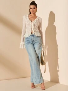 SHEIN BAE Áo cánh ren đơn giản buộc dây tay dài viền bèo nhún màu mơ gợi cảm ngọt ngào cho nữ, thích hợp cho mùa xuân, mùa hè, ngày lễ tình nhân, tiệc tùng, hẹn hò, phù dâu, đi làm hàng ngày, sinh nhật - Màu be - Xem 4