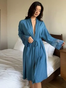 DAZY Plain Color Ruched Collar Lace Splice Bathrobe Pajama - Blue - View 6