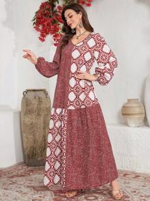 Lacomfia Vestido estampado de manga larga con escote en V y parche, de estilo árabe, modesto - Multicolor - Ver 4