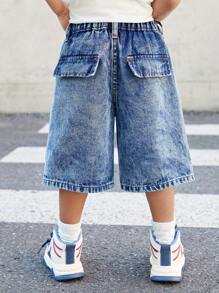 SHEIN SLAYR KIDS Young Boy Summer Street Cool Stonewashed Multiple Pockets Loose Fit Blue Denim Cargo Shorts, Spring/Summer Streetwear And Spring Break - Dark Wash - View 2