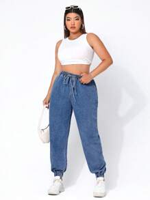 SHEIN EZwear Quần Jeans Ống côn Cỡ Lớn Thường Ngày Có Dây Rút Cạp Giặt Thông Thường - Rửa trung bình - Xem 5