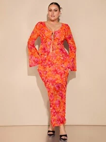 SHEIN BAE Plus Size Women Orange Multi-Color Large Floral Print Elegant 2Pcs Set: Ruffle Trim Floral Printed Long Sleeve Blouse/Top, Long Ruffle Trim Skirt, Mesh Skirt, Suitable For Valentine's Day, Carnival, Beach, Vacation, Back To School Season, Spring/Summer - Orange - View 1