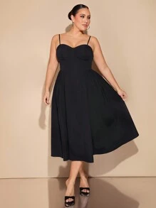 SHEIN BAE 加大码黑色优雅长裙，适合日常、约会、郊游、夜店派对，优雅女士细肩带长款泡泡袖连衣裙，春季连衣裙，女士生日连衣裙 - 黑色 - 查看 6