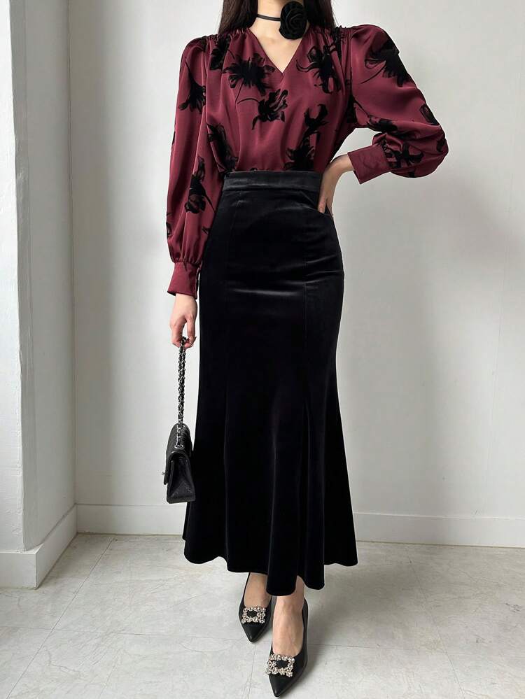 Women's V-Neck Loose Flocked Printed Long Sleeve Elegant Blouse, Spring/Summer/Autumn,Fall Women Clothes