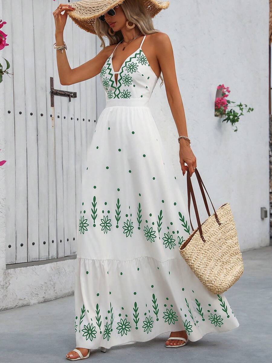 Breezaya 女士夏季长款印花夏威夷风格吊带连衣裙超长度假海滩装