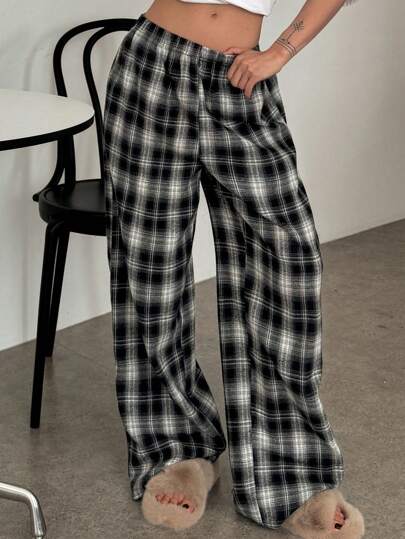 DAZY Simple Plaid Pattern Loose Fit Home Cozy Pants, Minimalist Fashion Casual Everyday Wear, Fall Pajama