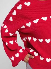 SHEIN SXY Festival Clothing White Heart Shaped Valentine's Day Red Loose Knit Sweater - Red - View 3