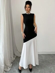 Elenzga Vestido entallado de estilo francés sin mangas de sirena con patchwork para mujeres