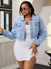 SHEIN SXY Plus Size Effen Kleur Knoop Voorkant Ruwe Zoom Versleten Casual Denim Jas Met Lange Mouwen