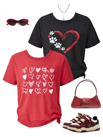 SHEIN Explorewe 2pcs/Set Tween Girl Cute & Heart Print Short Sleeve T-Shirts, Comfortable For Casual Wear, For Valentine's Day Gift