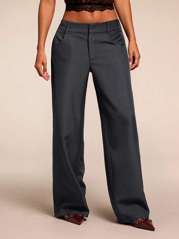 SHEIN BAE Women Black Solid Color Commuter Casual/Fashionable Outing/Versatile Casual/Old Money Style Patch Pocket High Waist Loose Wide-Leg Pants, Suitable For Work/Office, Low-Waisted, Loose, Wide-Leg, Long Pants, For Autumn/Winter