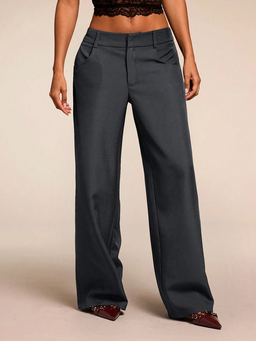 SHEIN BAE Women Black Solid Color Commuter Casual/Fashionable Outing/Versatile Casual/Old Money Style Patch Pocket High Waist Loose Wide-Leg Pants, Suitable For Work/Office, Low-Waisted, Loose, Wide-Leg, Long Pants, For Autumn/Winter
