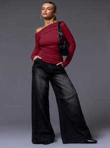 MUSERA Asymmetrical Neck Ruched Long Sleeve Top Casual - Burgundy - View 4