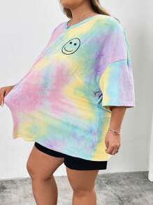 SHEIN CURVE+ Women's Tie Dye Printed Round Neck Short Sleeved T-Shirt In Plus Size For Summer - Multicolor - View 4