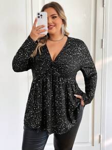 SHEIN CURVE+ 大码 V 领长袖闪光派对上衣，休闲假日 - 黑色 - 查看 7