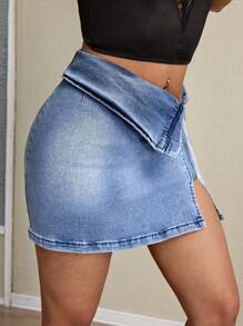 SHEIN SXY Sexy Party Asymmetric Zip Closure Denim Mini Skirt - Blue - View 3