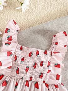 Cozy Pixies Baby Girl Strawberry Pattern Square Neck Ruffle Trim Cinched Waist Dress - Pink - View 7