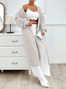 EURMUSE 1 件女士纯色灯笼袖长款开衫，适合秋冬季 - 米色 - 查看 2