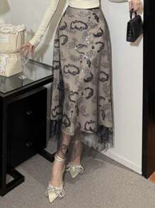 DAZY 女士优雅通勤亮片刺绣网纱半身裙 秋季半身裙 - 黑色 - 查看 2