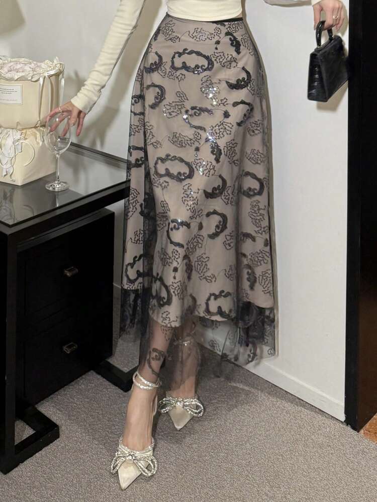 Women Elegant Commuter Sequin Embroidery Mesh Skirt Fall Skirts