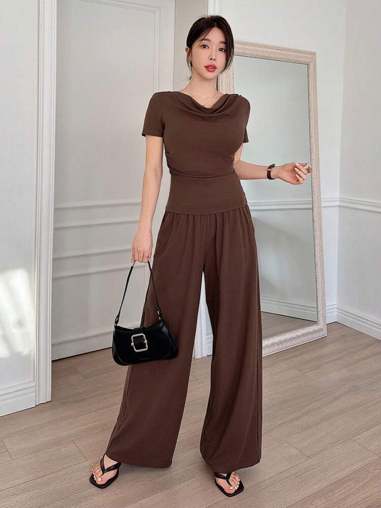 2pcs/Set Women's Solid Color Draped Neck Short Sleeve T-Shirt And Wide Leg Pants Lounge Sets For Women