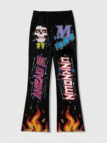 ROMWE MEN Goth Men's Multi-Layer Letter & Skull Graphic Flared Sweatpants,