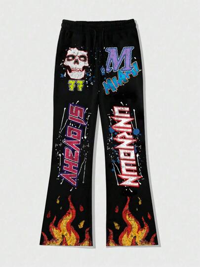 Goth Pantalon de survêtement évasé pour hommes avec motifs multicouches de lettres et de crânes