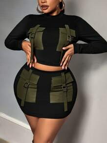 Slaydiva 2pcs/Set Plus Size Women Street Style Multi-Pocket Long Sleeve Top And Bodycon Midi Skirt Set
