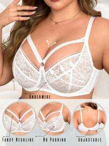 1pc Plus Size Contrast Lace Push-Up Wire Bra Lingerie - White - View 6