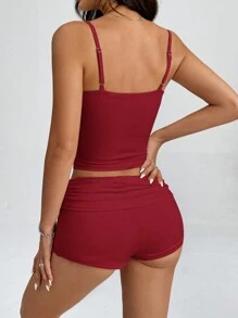 SHEIN PETITE Women's Lace Patchwork Casual Cami Top And Shorts - Burgundy - View 2