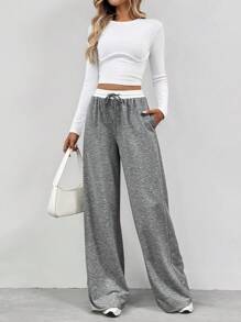 SHEIN Tall Women's Contrast Color Waist Wide Leg Pants - Dark Grey - View 7